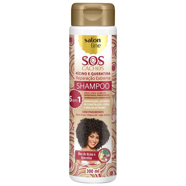 Shampoo Ricino E Queratina Sos Cachos Reparacao Extrema 5 Em 1 300ml Salon Line Coprobel