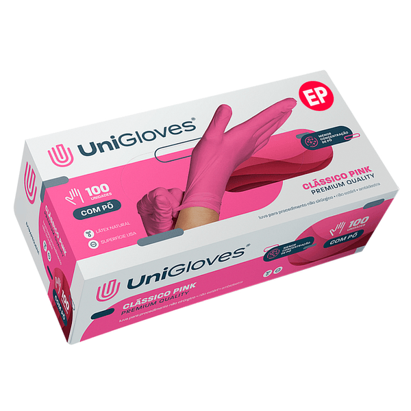 Luva Látex com Pó EP Clássica Pink com 100 un Unigloves