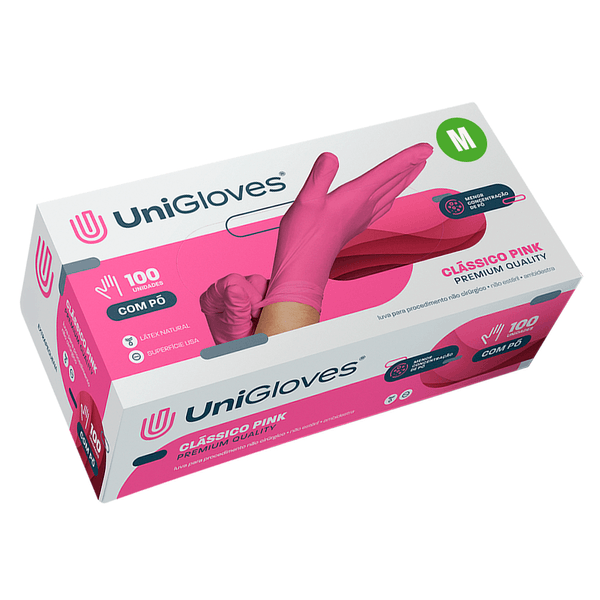 Luva Látex com Pó Média Clássica Pink com 100 un Unigloves