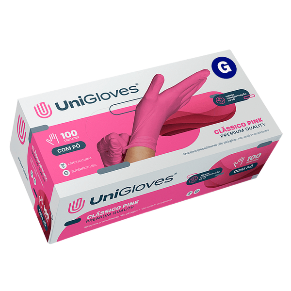 Luva Látex com Pó Grande Clássica Pink com 100 un Unigloves
