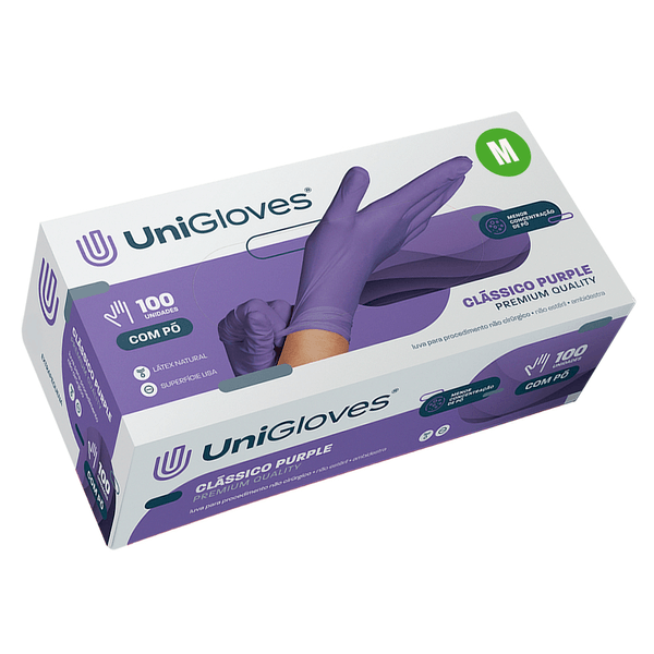 Luva Látex com Pó Média Clássica Purple com 100 un Unigloves